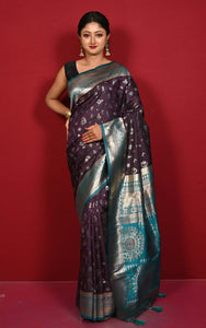 Tribal Warli Nakshi Motif Work Softy Katan Silk Sari in Wine and Crystal Teal