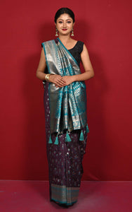 Tribal Warli Nakshi Motif Work Softy Katan Silk Sari in Wine and Crystal Teal