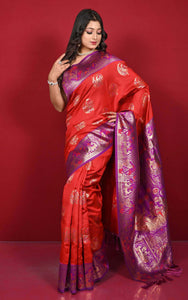 Traditional Silk Swarnachuri Nakshi Motif Work Softy Katan Silk Sari in Red and Purple