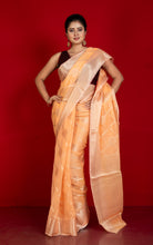 Soft and Fine Crushed Aara Nakshi Work Semi Georgette Banarasi Saree in Peach and Matte Gold