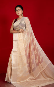 Soft and Fne Crushed Aara Nakshi Work Semi Georgette Banarasi Saree in Vanila and Antique White