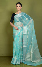 Soft and Fine Crushed Aara Nakshi Work Semi Georgette Banarasi Saree in Seafoam Blue and Matte Gold