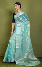 Soft and Fine Crushed Aara Nakshi Work Semi Georgette Banarasi Saree in Seafoam Blue and Matte Gold