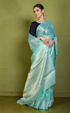 Soft and Fine Crushed Aara Nakshi Work Semi Georgette Banarasi Saree in Seafoam Blue and Matte Gold