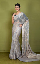 Soft and Fine Crushed Aara Nakshi Work Semi Georgette Banarasi Saree in Silver Chalice and Matte Gold