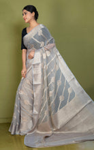 Soft and Fine Crushed Aara Nakshi Work Semi Georgette Banarasi Saree in Silver Chalice and Matte Gold