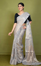 Soft and Fine Crushed Aara Nakshi Work Semi Georgette Banarasi Saree in Silver Chalice and Matte Gold
