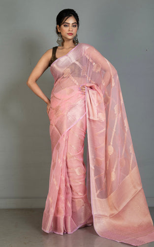 Soft and Fne Crushed Aara Nakshi Work Semi Georgette Banarasi Saree in Soft Pink and Antique White