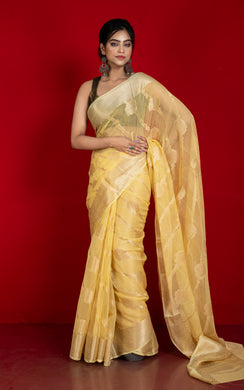 Soft and Fine Crushed Aara Nakshi Work Semi Georgette Banarasi Saree in Pastel Yellow and Matte Gold