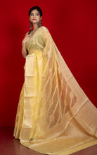 Soft and Fine Crushed Aara Nakshi Work Semi Georgette Banarasi Saree in Pastel Yellow and Matte Gold