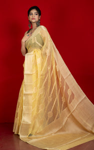Soft and Fine Crushed Aara Nakshi Work Semi Georgette Banarasi Saree in Pastel Yellow and Matte Gold