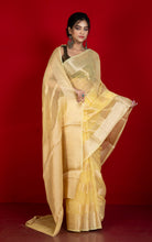 Soft and Fine Crushed Aara Nakshi Work Semi Georgette Banarasi Saree in Pastel Yellow and Matte Gold