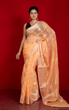 Soft and Fine Crushed Aara Nakshi Work Semi Georgette Banarasi Saree in Peach and Matte Gold