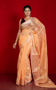 Soft and Fine Crushed Aara Nakshi Work Semi Georgette Banarasi Saree in Peach and Matte Gold