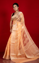 Soft and Fine Crushed Aara Nakshi Work Semi Georgette Banarasi Saree in Peach and Matte Gold