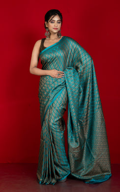 Broacade Mashru Katan Banarasi Silk Saree in Pacific Blue and Antique Gold