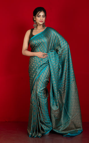 Broacade Mashru Katan Banarasi Silk Saree in Pacific Blue and Antique Gold