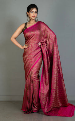 Broacade Mashru Katan Banarasi Silk Saree in Dark Hot Pink and Antique Gold