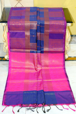 Handwoven Soft Tissue Silk Kanjivaram Saree in Deep Marine Blue, Magenta and Antique Copper