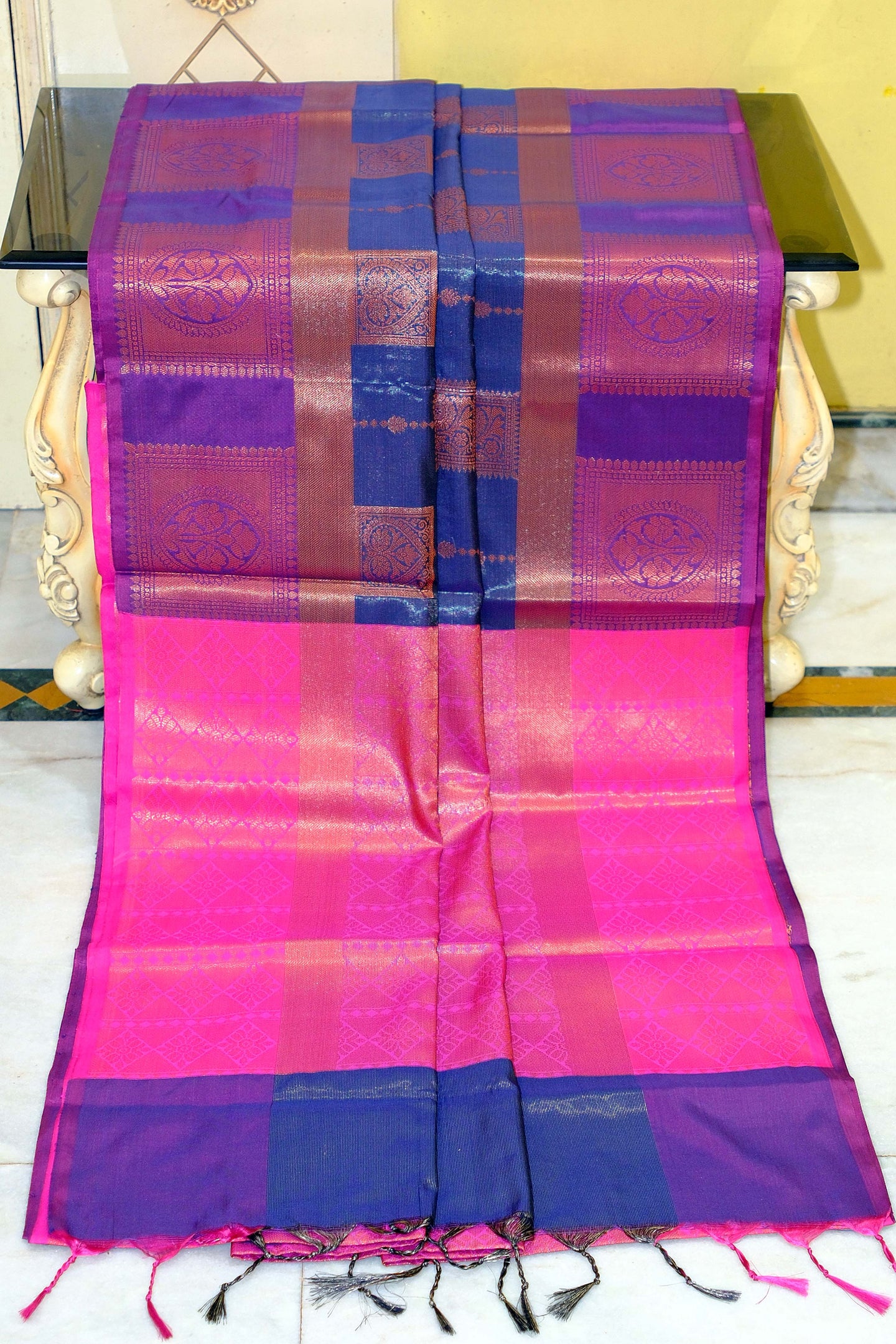 Handwoven Soft Tissue Silk Kanjivaram Saree in Deep Marine Blue, Magenta and Antique Copper