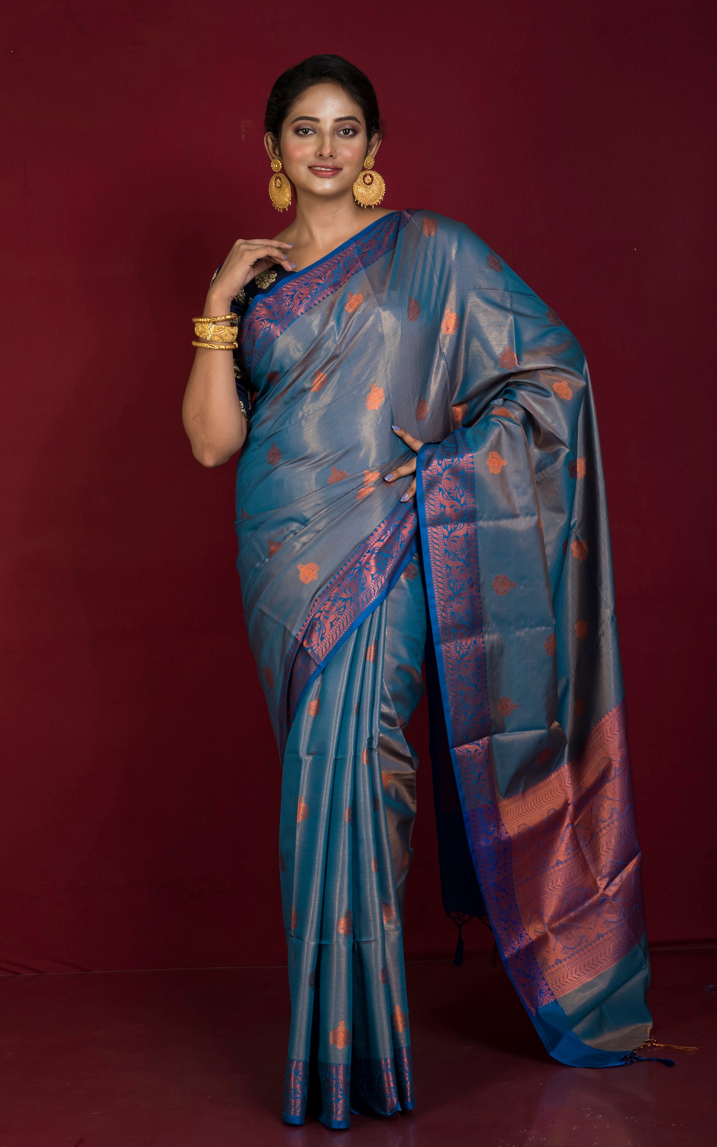 Handwoven Soft Tissue Silk Kanjivaram Saree in Royal Blue and Antique Copper