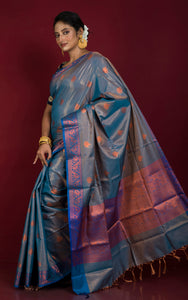 Handwoven Soft Tissue Silk Kanjivaram Saree in Royal Blue and Antique Copper