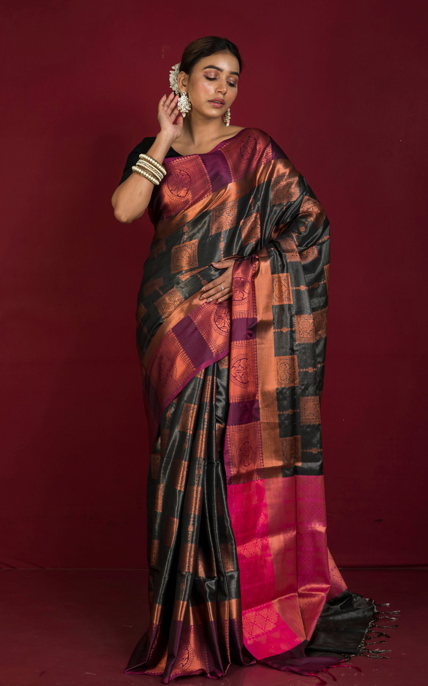 Handwoven Soft Tissue Silk Kanjivaram Saree in Black, Magenta and Antique Copper