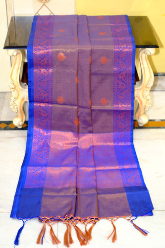 Handwoven Soft Tissue Silk Kanjivaram Saree in Gold Sand, Royal Blue and Antique Copper