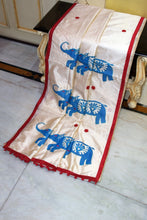 Elegant Semi Dupion Silk Saree with Elephant Motif Appliqué Pallu in Cream, Red and Mariner Blue