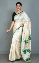 Elegant Semi Dupion Silk Saree with Elephant Motif Applique Pallu in Cream, Phthalo Green and Multicolored