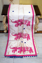 Elegant Semi Dupion Silk Saree with Elephant Motif Applique Pallu in Cream, Hot Pink and Mariner Blue