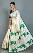 Elegant Semi Dupion Silk Saree with Elephant Motif Applique Pallu in Cream, Phthalo Green and Multicolored
