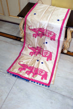 Elegant Semi Dupion Silk Saree with Elephant Motif Applique Pallu in Cream, Hot Pink and Mariner Blue