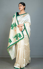 Elegant Semi Dupion Silk Saree with Elephant Motif Applique Pallu in Cream, Phthalo Green and Multicolored