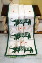 Elegant Semi Dupion Silk Saree with Elephant Motif Appliqué Pallu in Cream, Phthalo Green and Multicolored