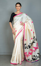 Elegant Semi Dupion Silk Saree with Bird Motif Applique Pallu in Cream, Pink and Multicolored
