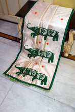 Elegant Semi Dupion Silk Saree with Elephant Motif Appliqué Pallu in Cream, Phthalo Green and Multicolored