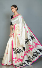 Elegant Semi Dupion Silk Saree with Bird Motif Applique Pallu in Cream, Pink and Multicolored