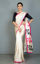 Elegant Semi Dupion Silk Saree with Bird Motif Applique Pallu in Cream, Pink and Multicolored