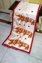 Elegant Semi Dupion Silk Saree with Elephant Motif Appliqué Pallu in Cream, Red and Burnt Orange