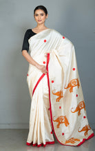 Elegant Semi Dupion Silk Saree with Elephant Motif Applique Pallu in Cream, Red and Burnt Orange