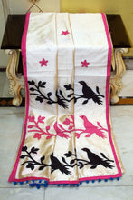 Elegant Semi Dupion Silk Saree with Bird Motif Appliqué Pallu in Cream, Pink and Multicolored