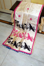 Elegant Semi Dupion Silk Saree with Bird Motif Appliqué Pallu in Cream, Pink and Multicolored