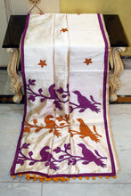 Elegant Semi Dupion Silk Saree with Bird Motif Appliqué Pallu in Cream, Purple and Burnt Orange