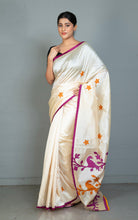 Elegant Semi Dupion Silk Saree with Bird Motif Applique Pallu in Cream, Purple and Burnt Orange