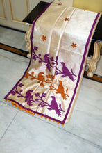 Elegant Semi Dupion Silk Saree with Bird Motif Appliqué Pallu in Cream, Purple and Burnt Orange