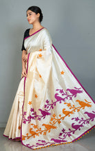 Elegant Semi Dupion Silk Saree with Bird Motif Applique Pallu in Cream, Purple and Burnt Orange