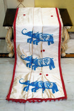 Elegant Semi Dupion Silk Saree with Elephant Motif Appliqué Pallu in Cream, Red and Mariner Blue