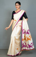 Elegant Semi Dupion Silk Saree with Bird Motif Applique Pallu in Cream, Purple and Burnt Orange