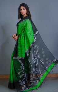 Pure Handloom Matka Shibori Jamdani Saree in Green and Black